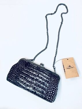 PATRICIA NASH Potenaz Frame Clutch/Crossbody Bag Blk/Slver Crocodile Pattern NWT